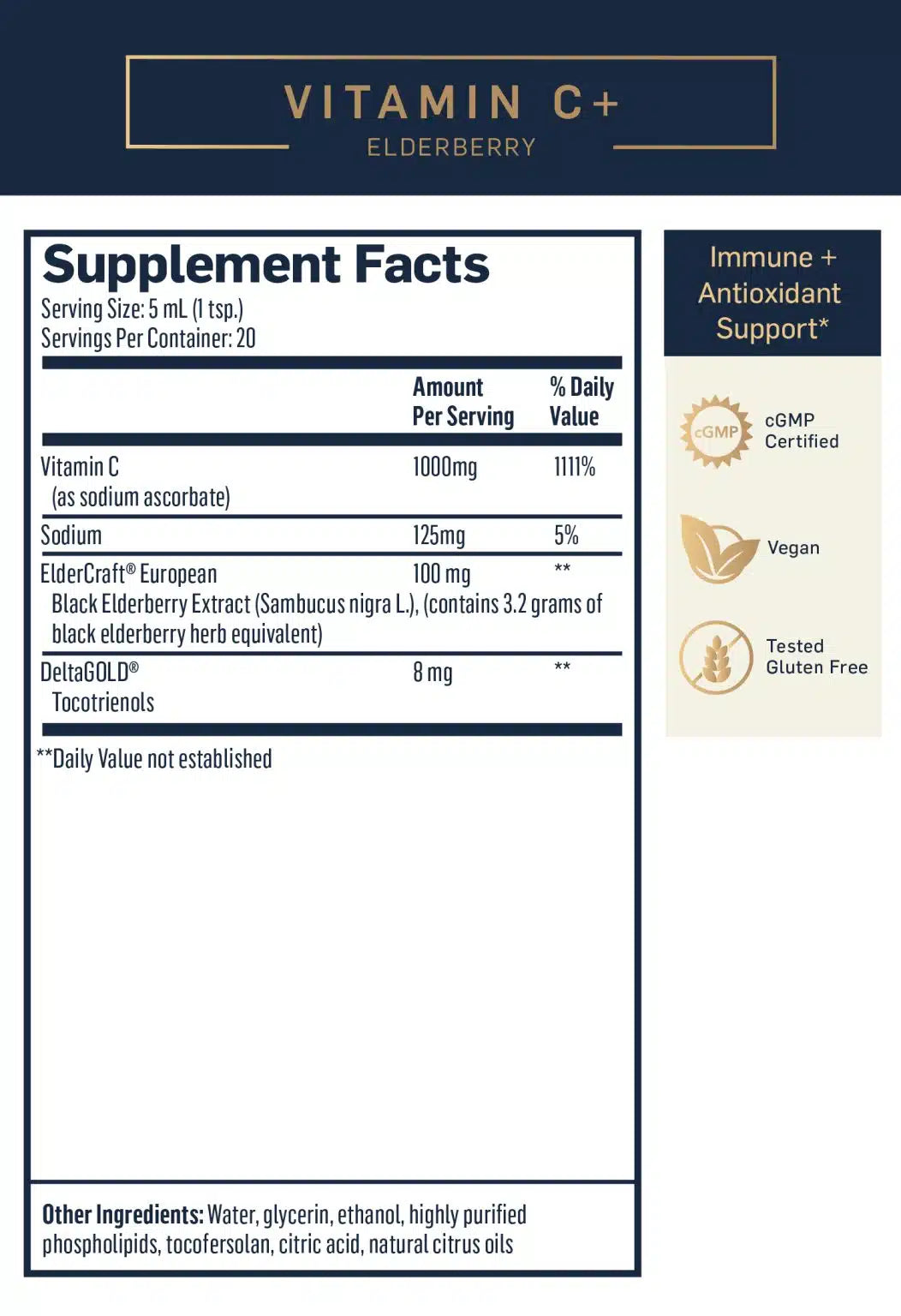 Image of Ingredients in liposomal Vitamin C + Elderberry 100ml bottle by quicksilver scientific to support immunity and recovery