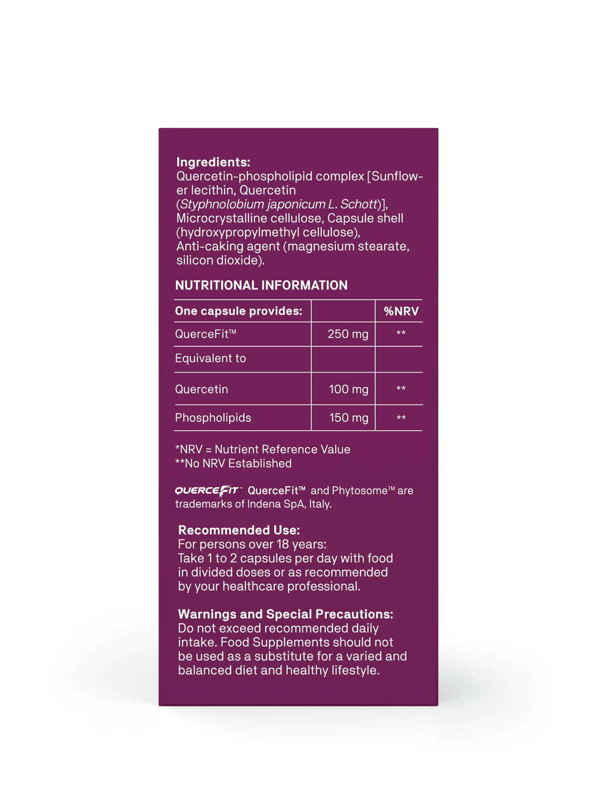 Image of the side of the box showing ingredients and reccomended dose