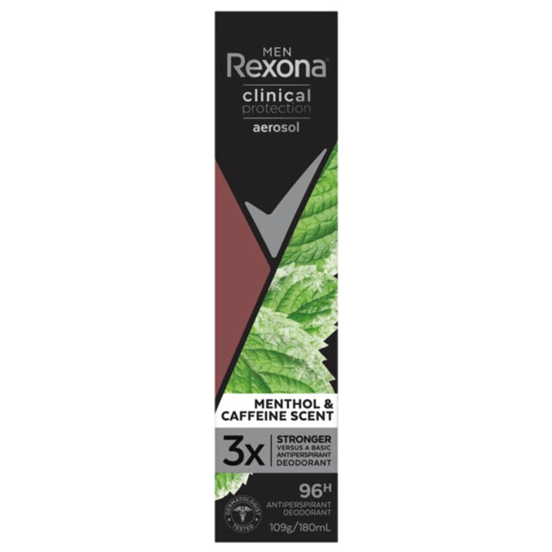 Image of Rexona Men Menthol & Caffeine Clinical Protection Antiperspirant Deodorant helps you stay fresh and dry for up to 96 hours with 3x stronger protection from sweat and odour versus a basic antiperspirant.