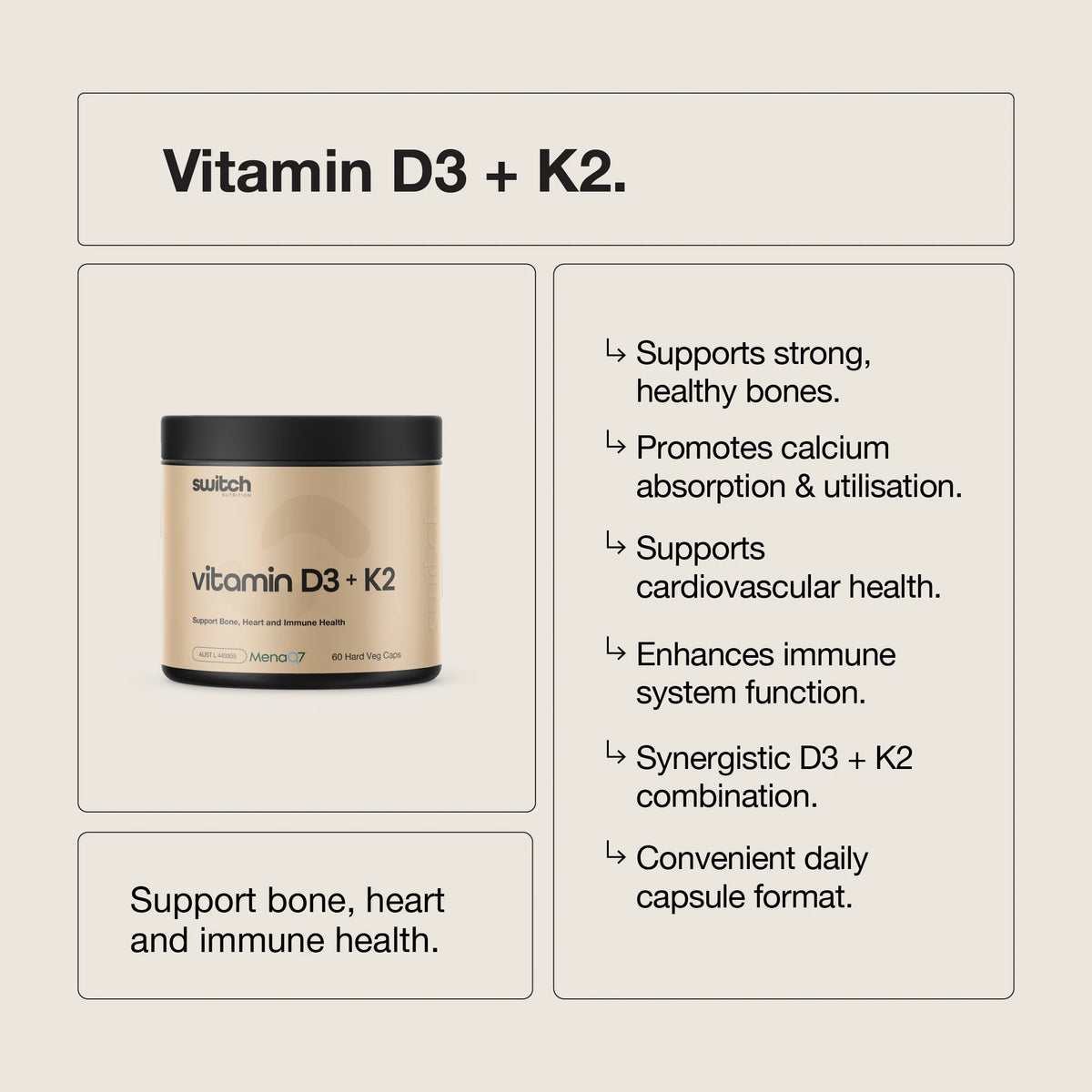 Switch Essentials Vitamin D3 & K2 60 Capsules-Switch Nutrition-Matakana Pharmacy