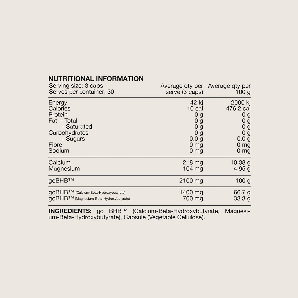 Switch Nutrition Keto BHB nutritional information panel: serving size 3 capsules, 30 serves per container, goBHB 2100mg per serve, with ingredient list