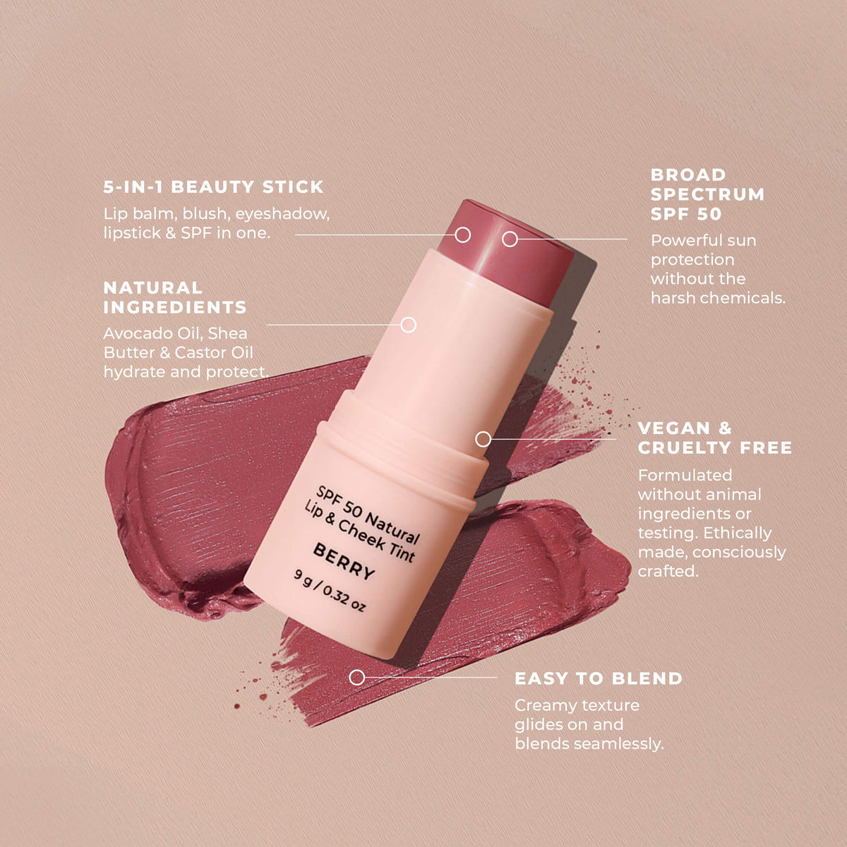 SPF 50 Natural Lip & Cheek Tint Berry 9g-Avocado Zinc-Matakana Pharmacy