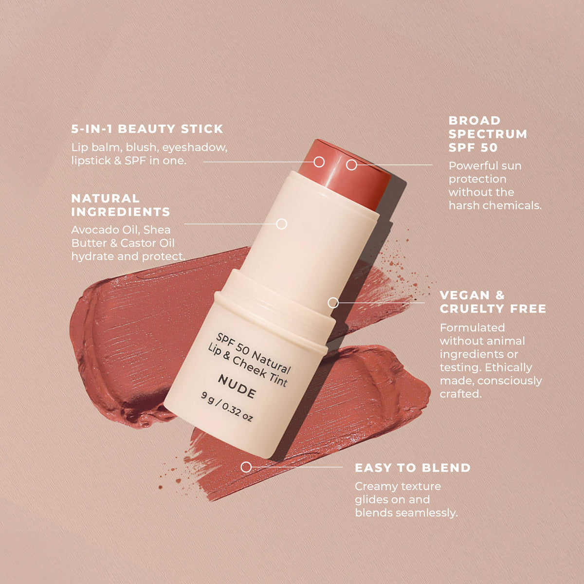 SPF 50 Natural Lip & Cheek Tint Nude 9g-Avocado Zinc-Matakana Pharmacy