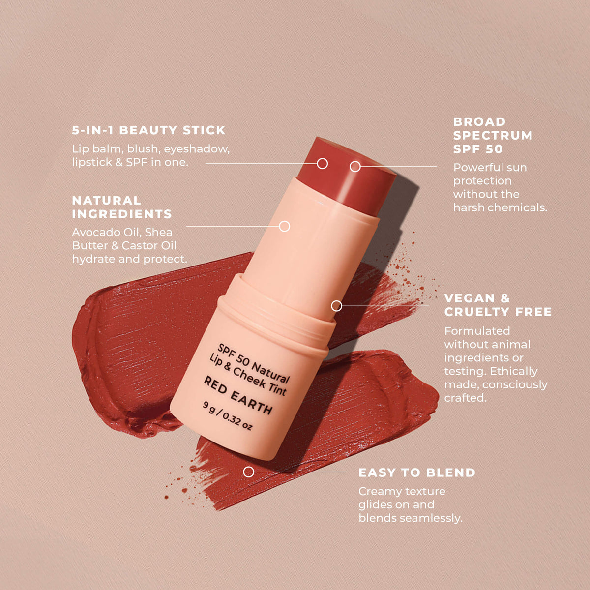 SPF 50 Natural Lip & Cheek Tint Red Earth 9g-Avocado Zinc-Matakana Pharmacy