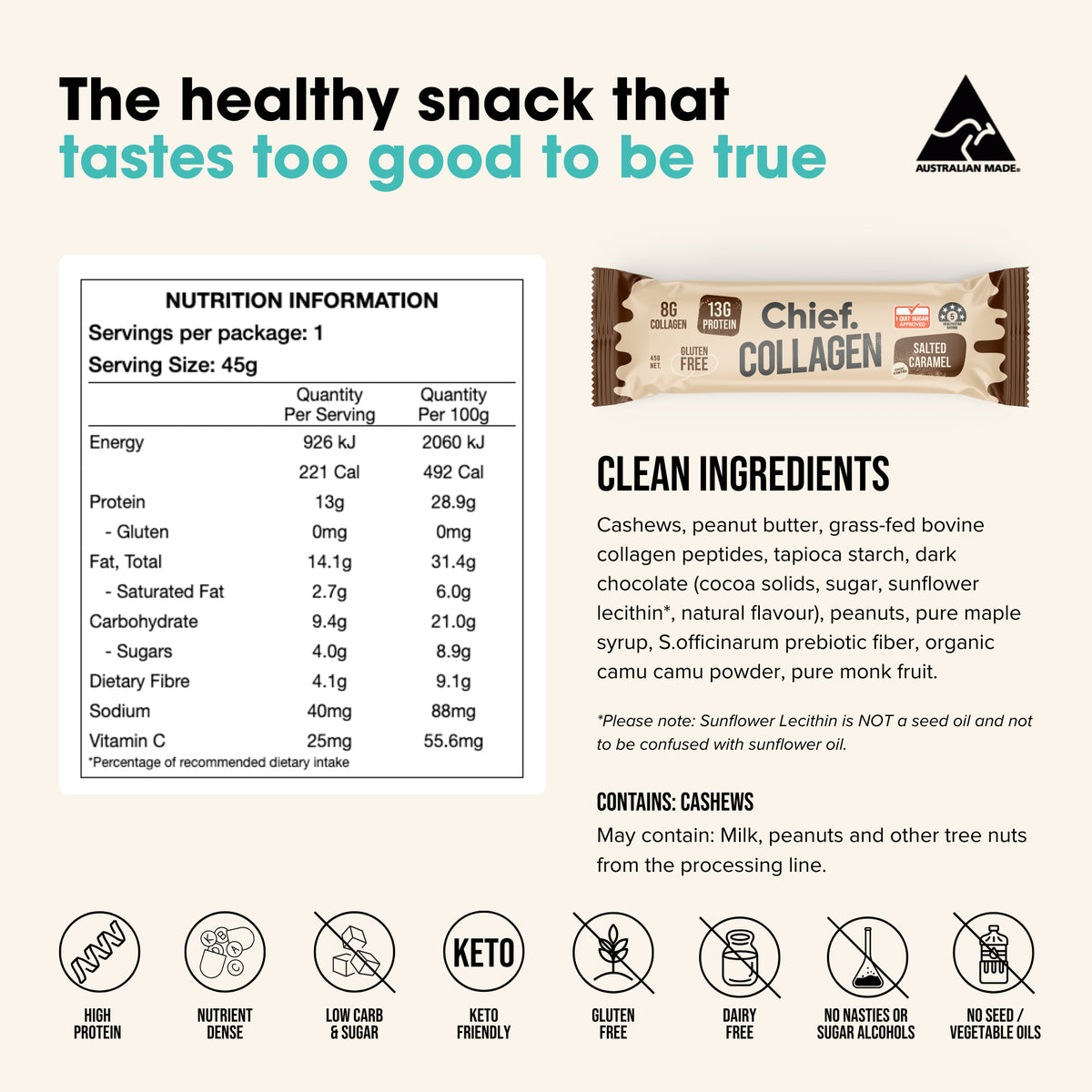 Collagen Protein Bar Choc Salted Caramel Box 12 x 45g-Chief-Matakana Pharmacy
