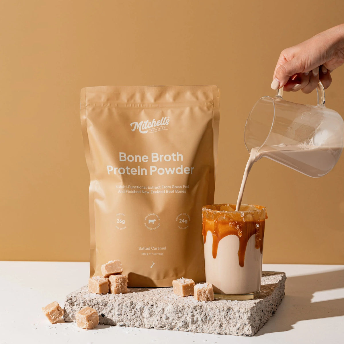 Image of Bone Broth Protein Salted Caramel Powder made into drink