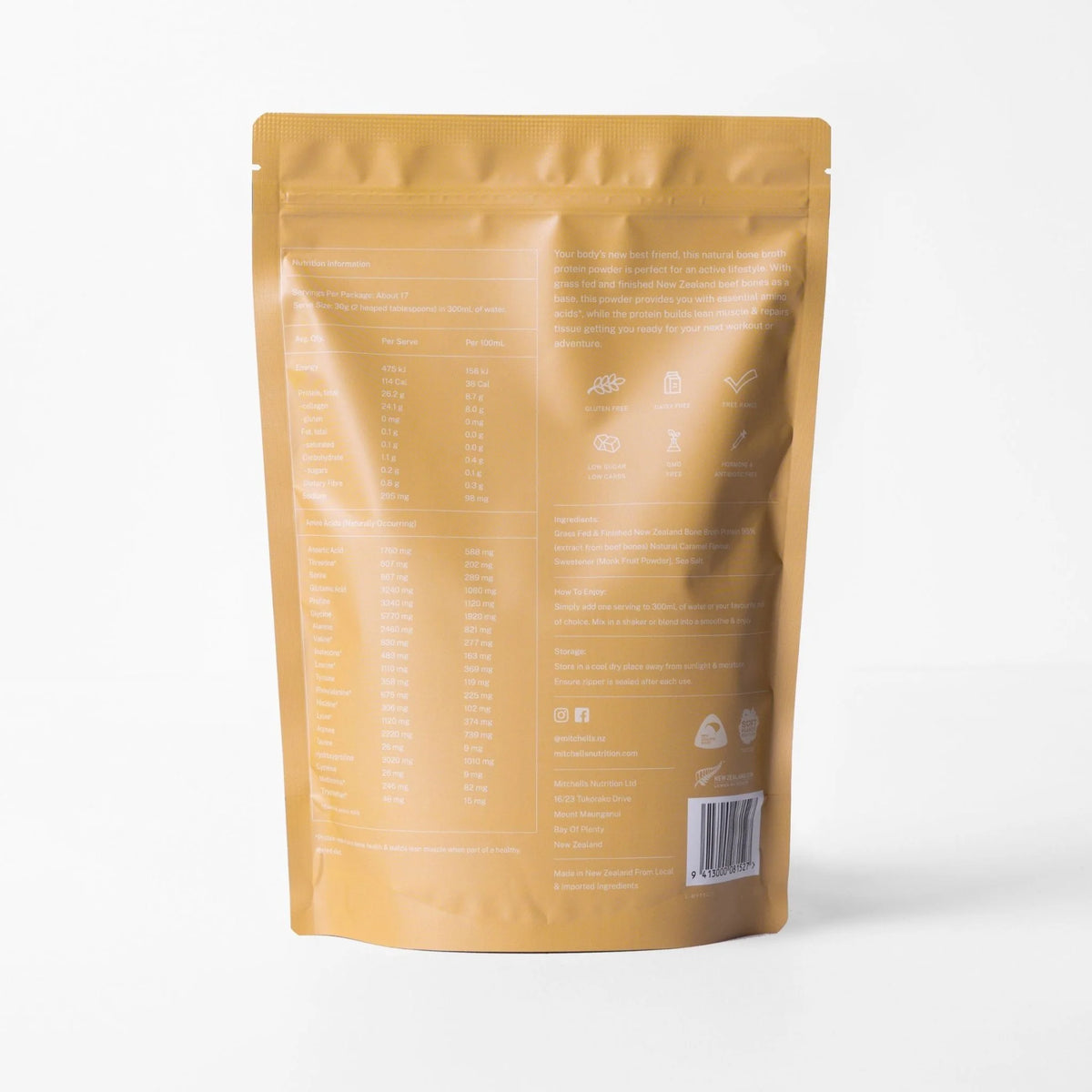 Image of Bone Broth Protein Salted Caramel Powder 500g back of packet