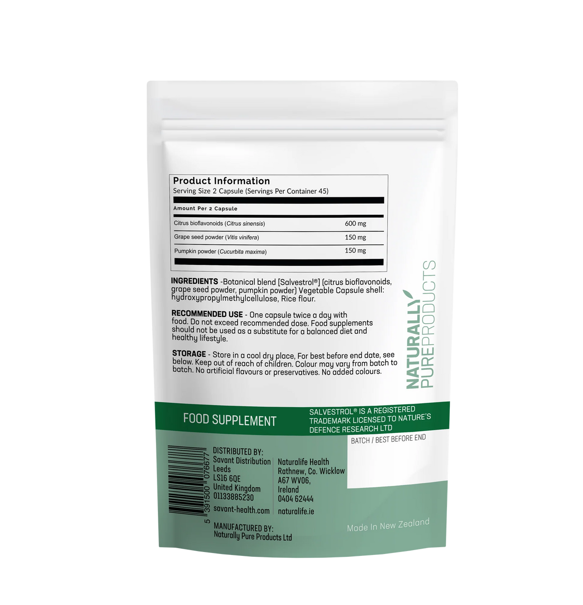 Ingredients in Salvestrol Platinum 90 Capsules include citrus bioflavanoids, grape seed powder and pumpkin powder