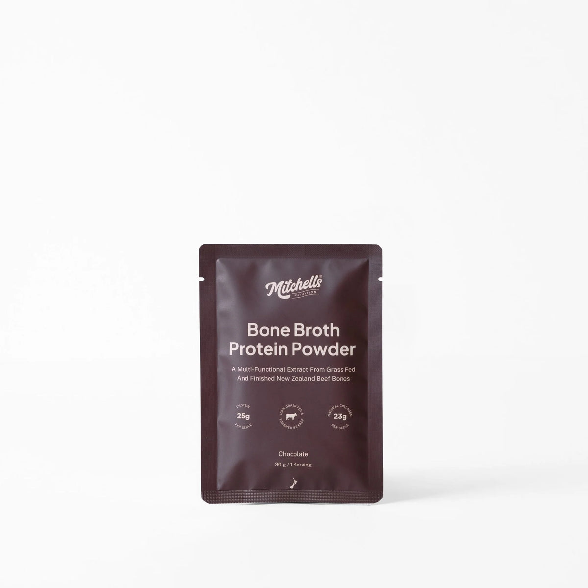 A single stand-up pouch of Mitchell's Bone Broth Protein Powder in Chocolate flavor, shown against a plain white background.