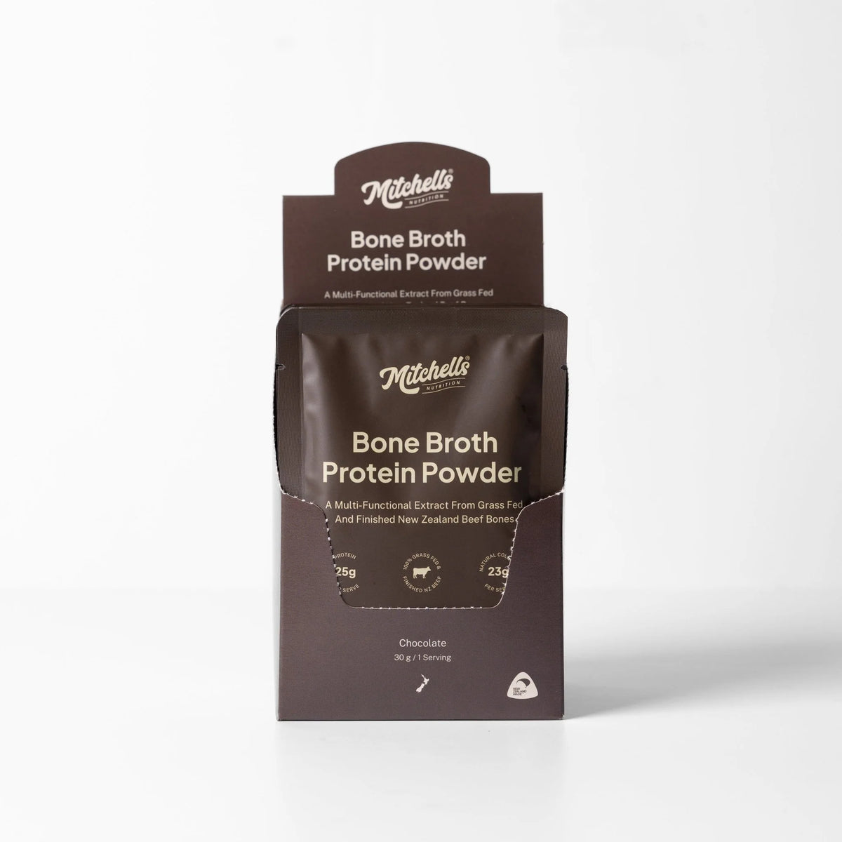 Mitchell's Bone Broth Protein Powder in Chocolate flavor, shown in its original dark brown packaging against a clean white background.