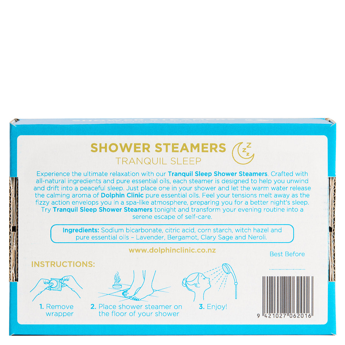 Shower Steamer Tranquil Sleep, back of the pack showing the full label