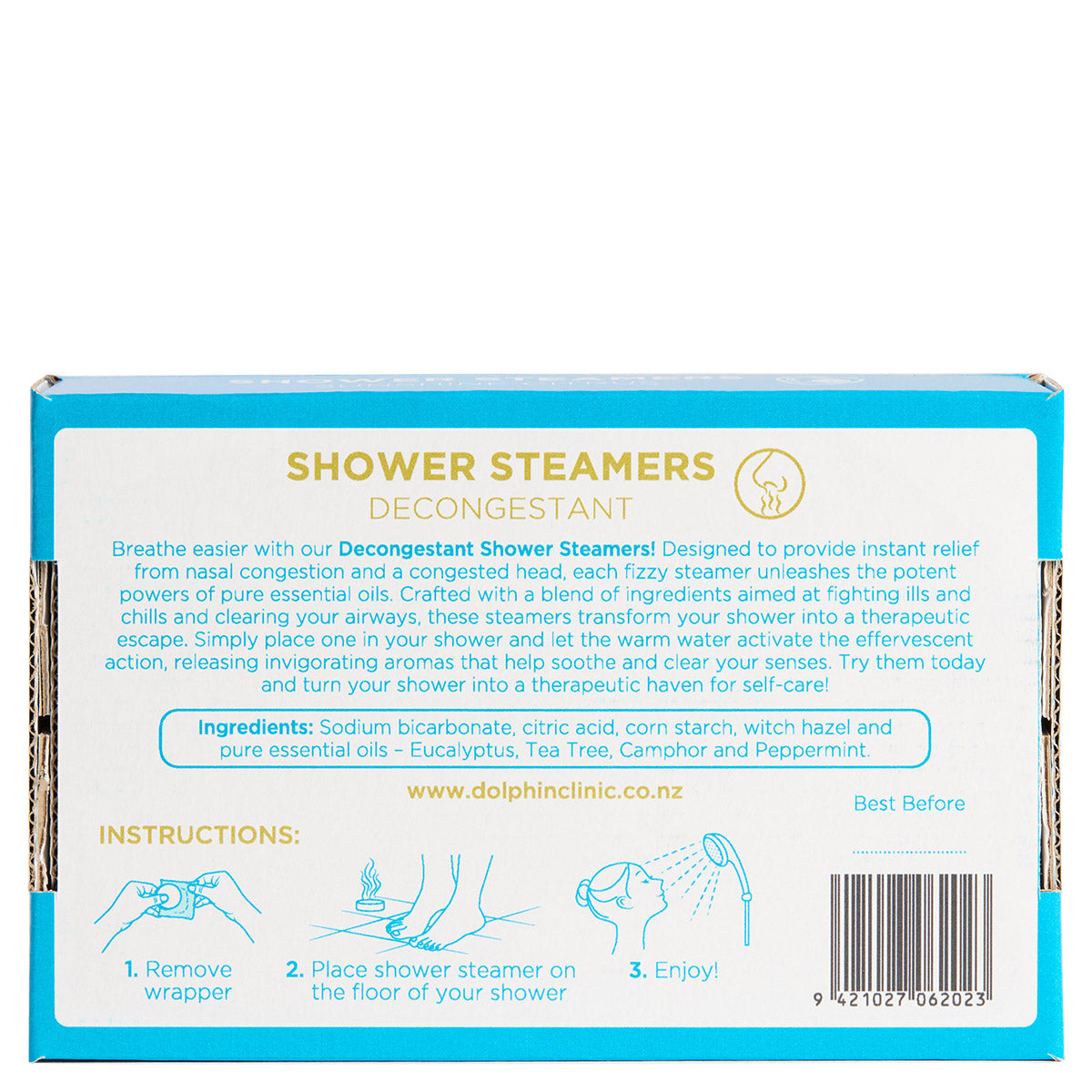 Shower Steamer Decongestant, back of the pack showing the full label