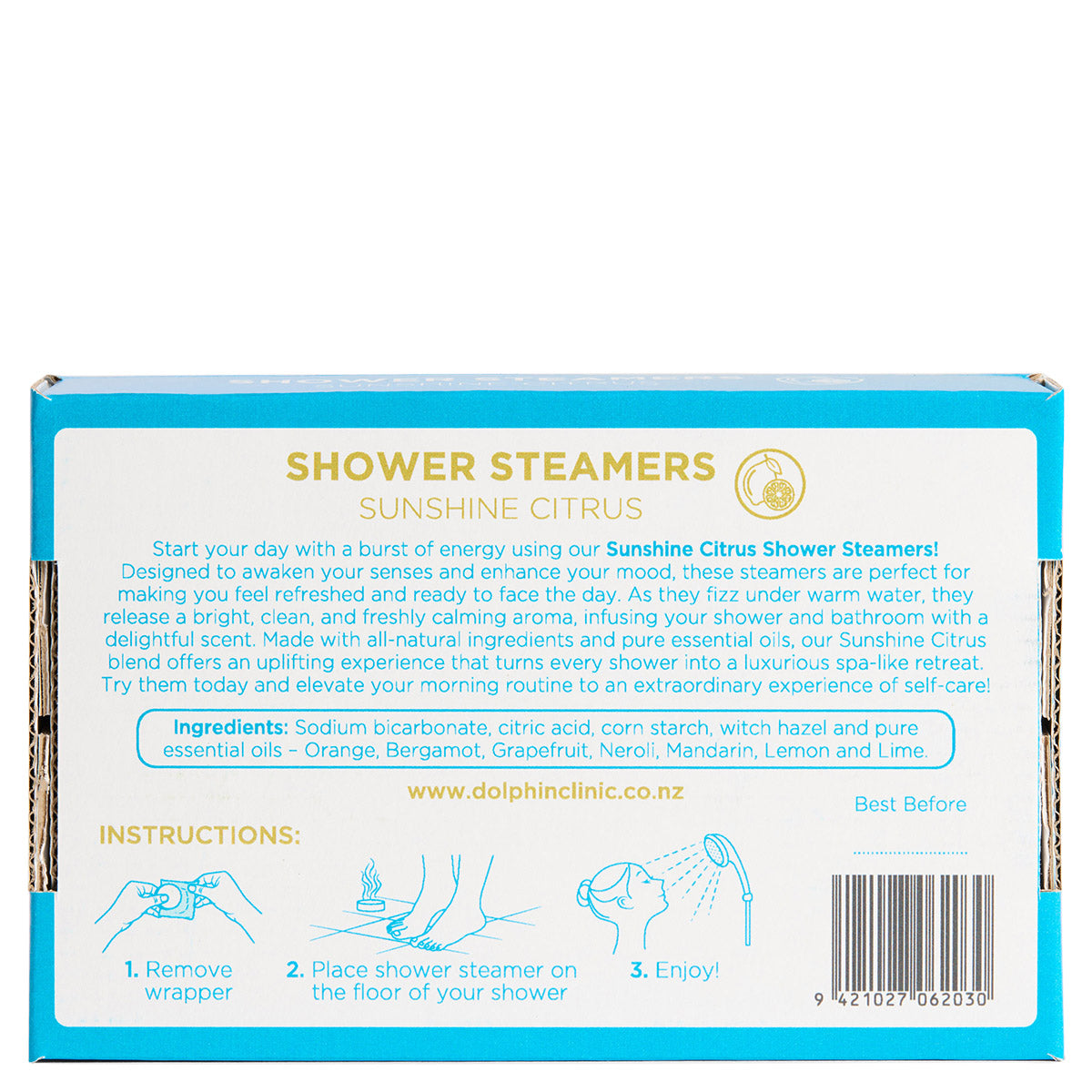 Shower Steamer Sunshine Citrus, back of the pack showing the full label