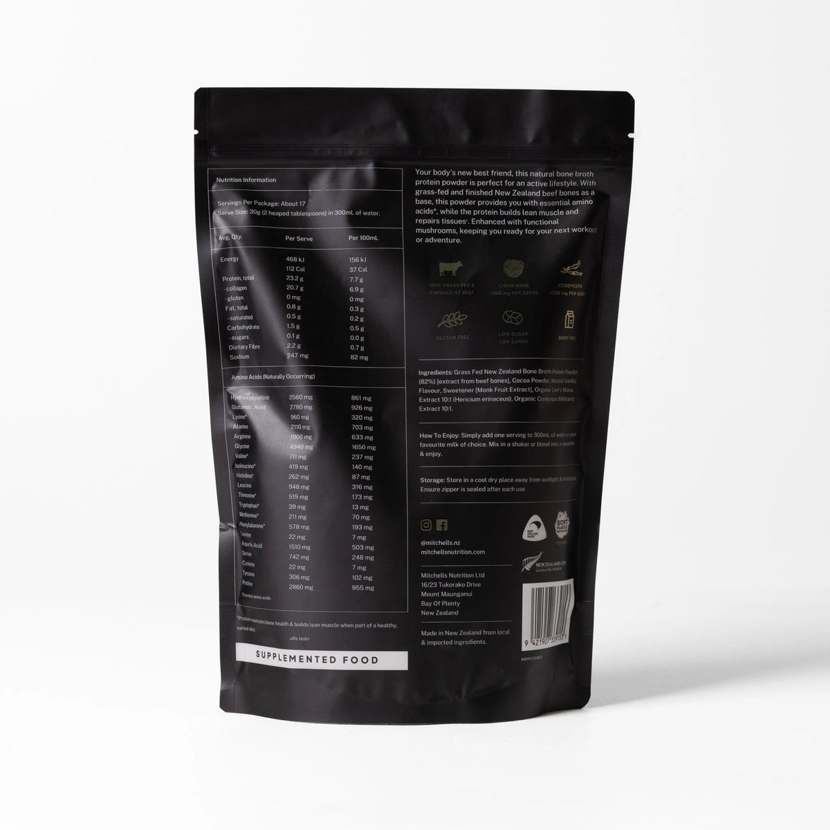 Image of Bone Broth Protein Powder Sport - Chocolate 500g back of packet