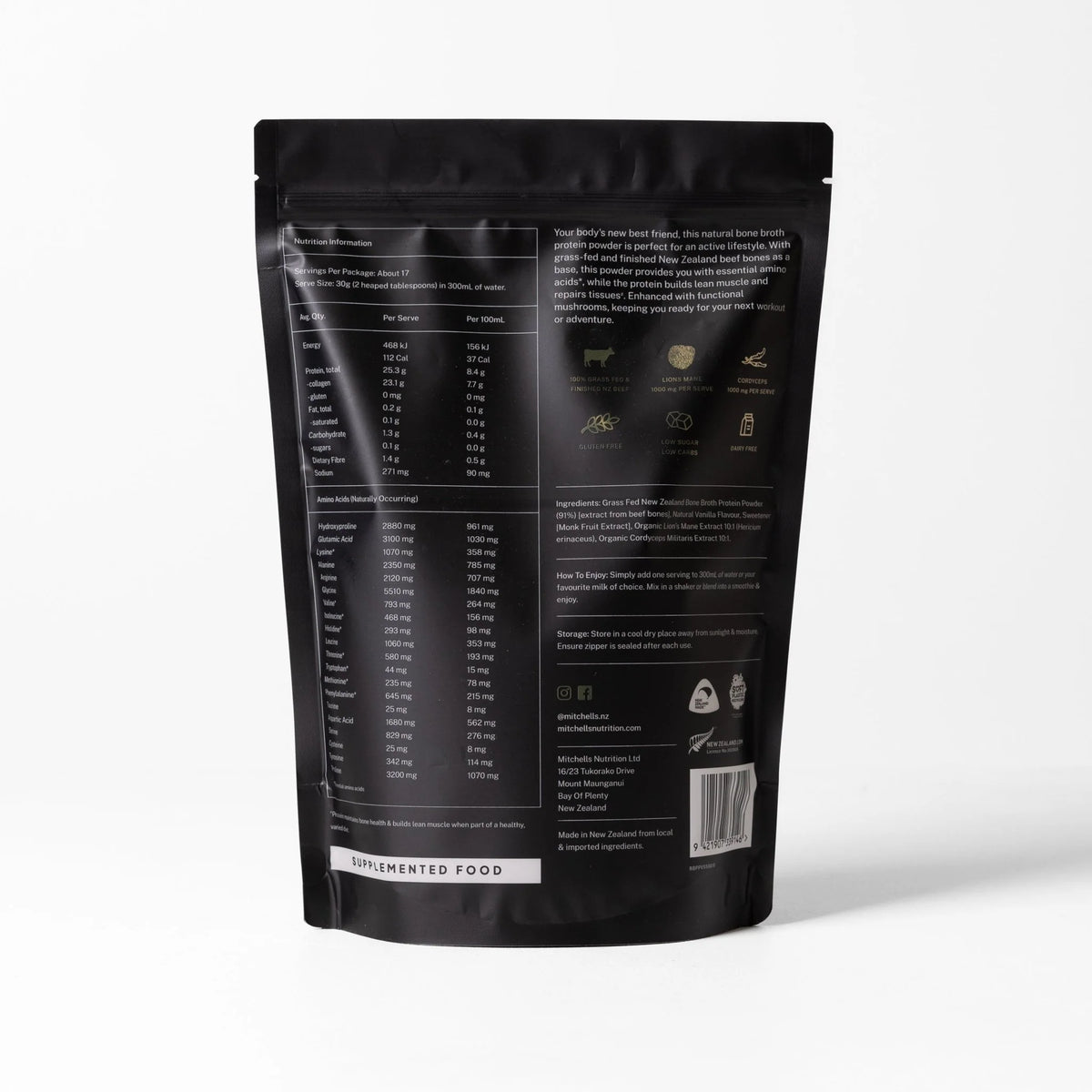 Image of Bone Broth Protein Powder Sport - Vanilla 500g back of packet