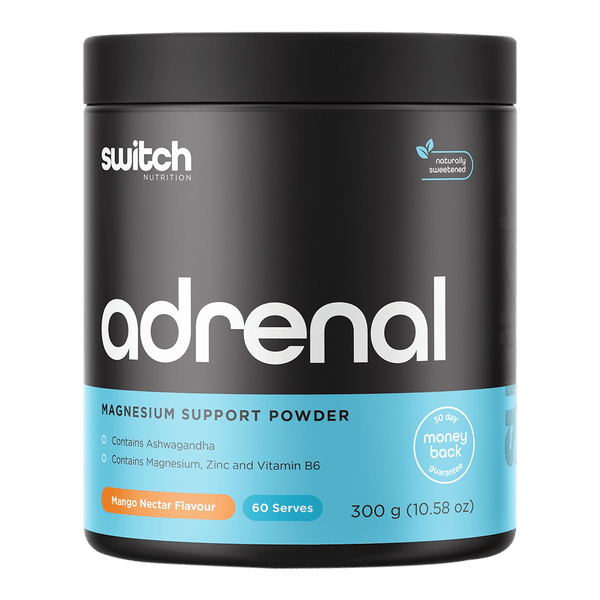 A black plastic tub of Switch Nutrition Adrenal Magnesium Support Powder in Mango Nectar Flavour, featuring a black and light blue label with white text.