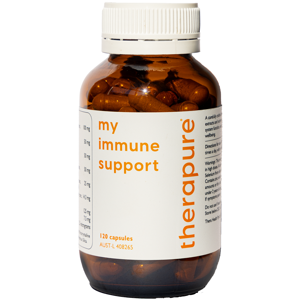 Image of glass bottle with white label of the Therapure my immune support 120caps