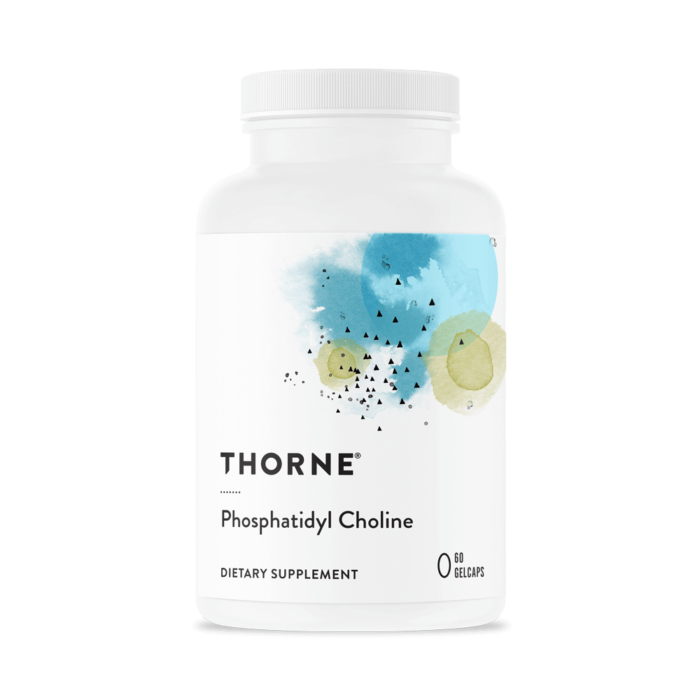 Thorne Phosphatidyl Choline, white bottle of 60 gelcaps, front of pack