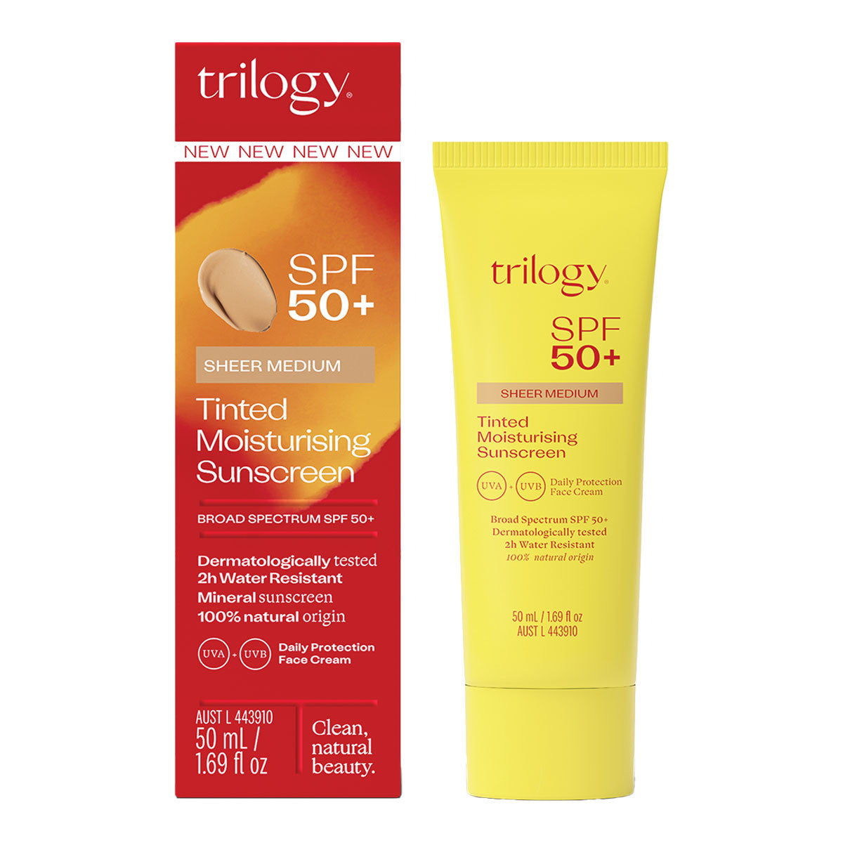 Image of box and tube of TRILOGY SPF50+ Tinted Sunscreen Medium 50ml
