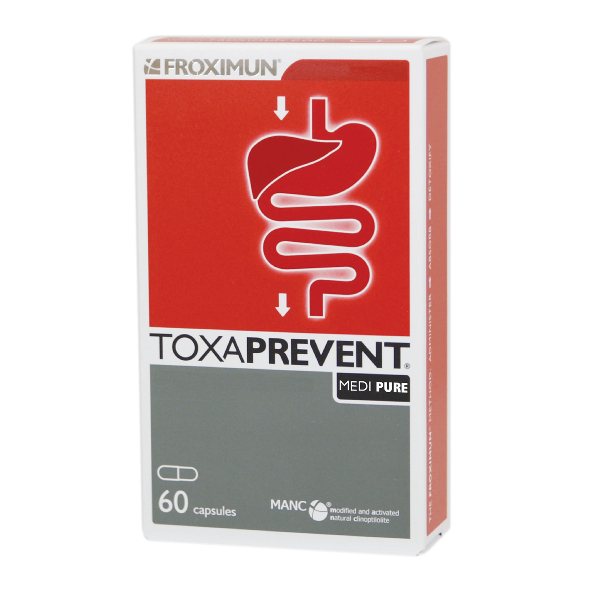 Image of the red and grey box of ToxaPrevent Medi Pure 60caps