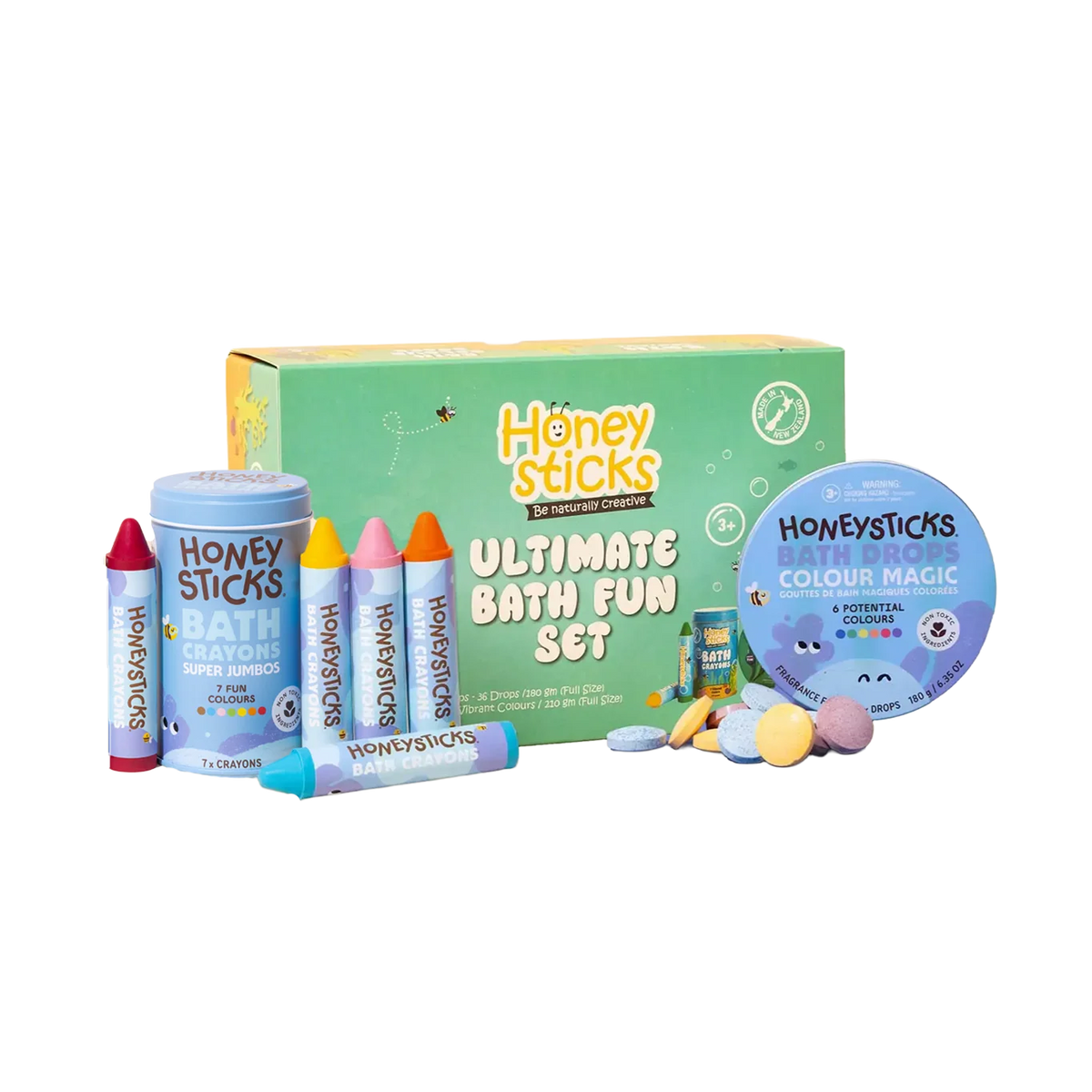 Honeysticks Ultimate Bath Fun Set box with bubble bath, bath crayons and bath drops