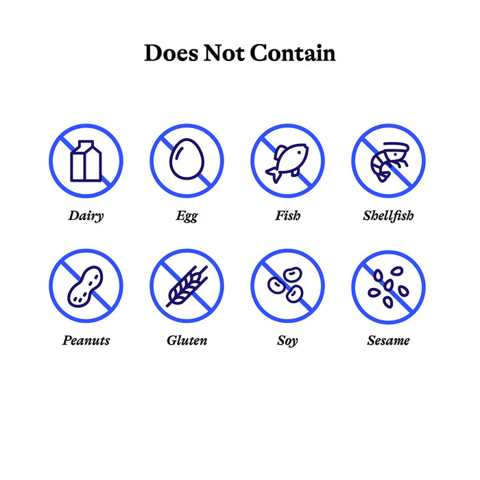 Allergen-free icons with labels for dairy, egg, fish, shellfish, peanuts, gluten, soy, and sesame on a white background.