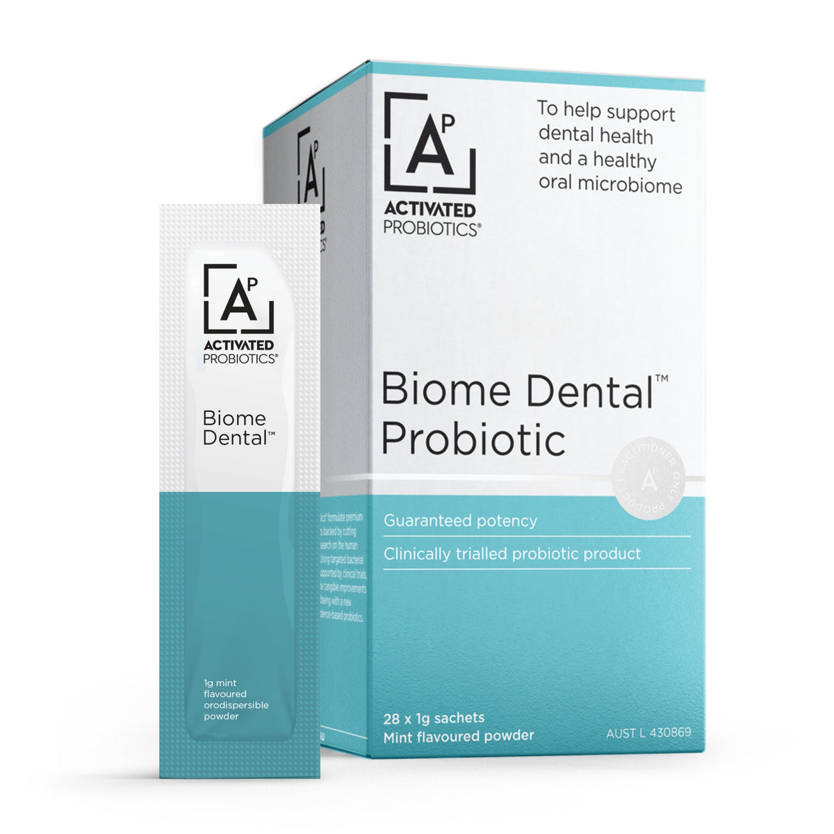 Activated Probiotics Biome Dental Probiotic carton with a single 1g sachet, 28 mint flavoured sachets