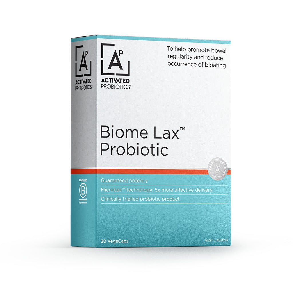 Activated Probiotics Biome Lax Probiotic carton, 30 VegeCaps, front of pack
