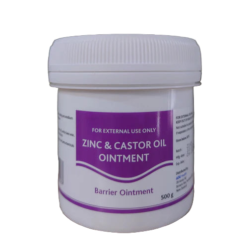 Jar of zinc and castor oil ointment with a purple label on a white background