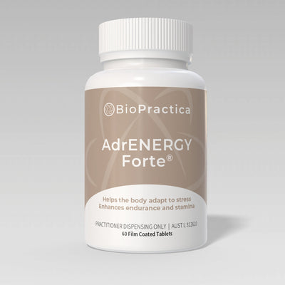 BioPractica AdrENERGY Forte, 60 film coated tablets, white bottle with taupe label, front of pack