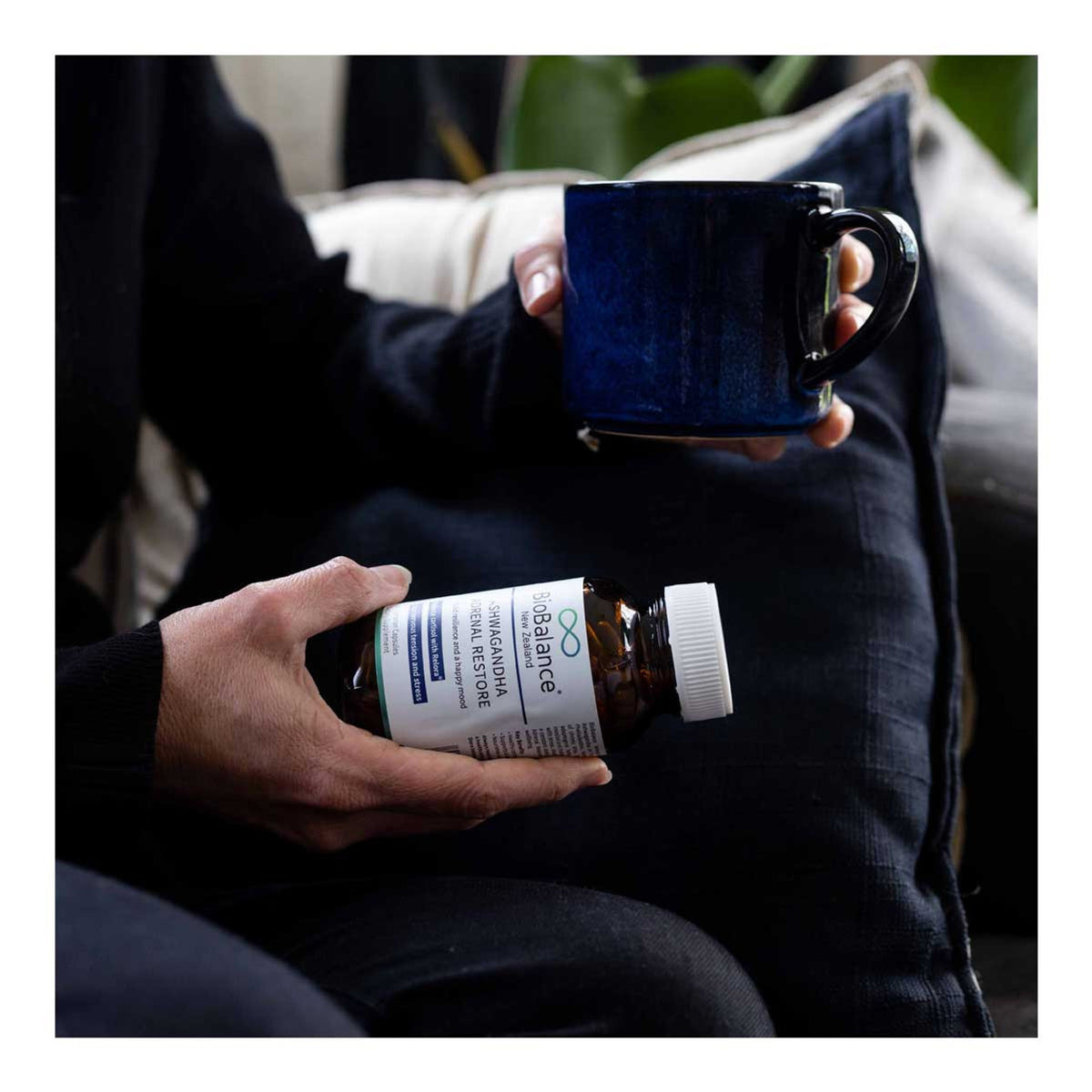 Image of BioBalance Ashwagandha Adrenal Restore 60 caps held in hand