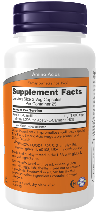 Image of Acetyl-L-Carnitine 500 mg 100vcaps supplement facts