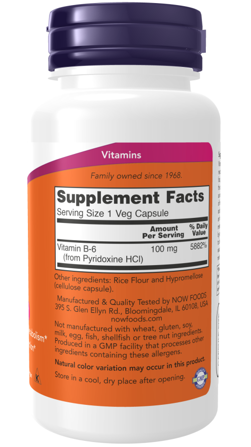Image of Vitamin B6 100mg 100caps supplement facts