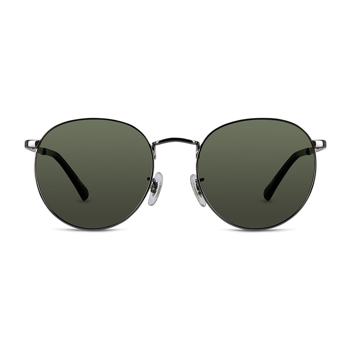 Wollumbin Bangalow unisex sunglasses, gunmetal frame with green polarised lens, front