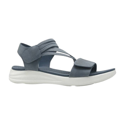 Walkable Beach Benni women's sandal in jeans blue with adjustable straps, side view