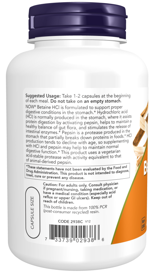 image of Betaine HCl 648 mg (Vegetarian Formula) 120vcaps suggested usage
