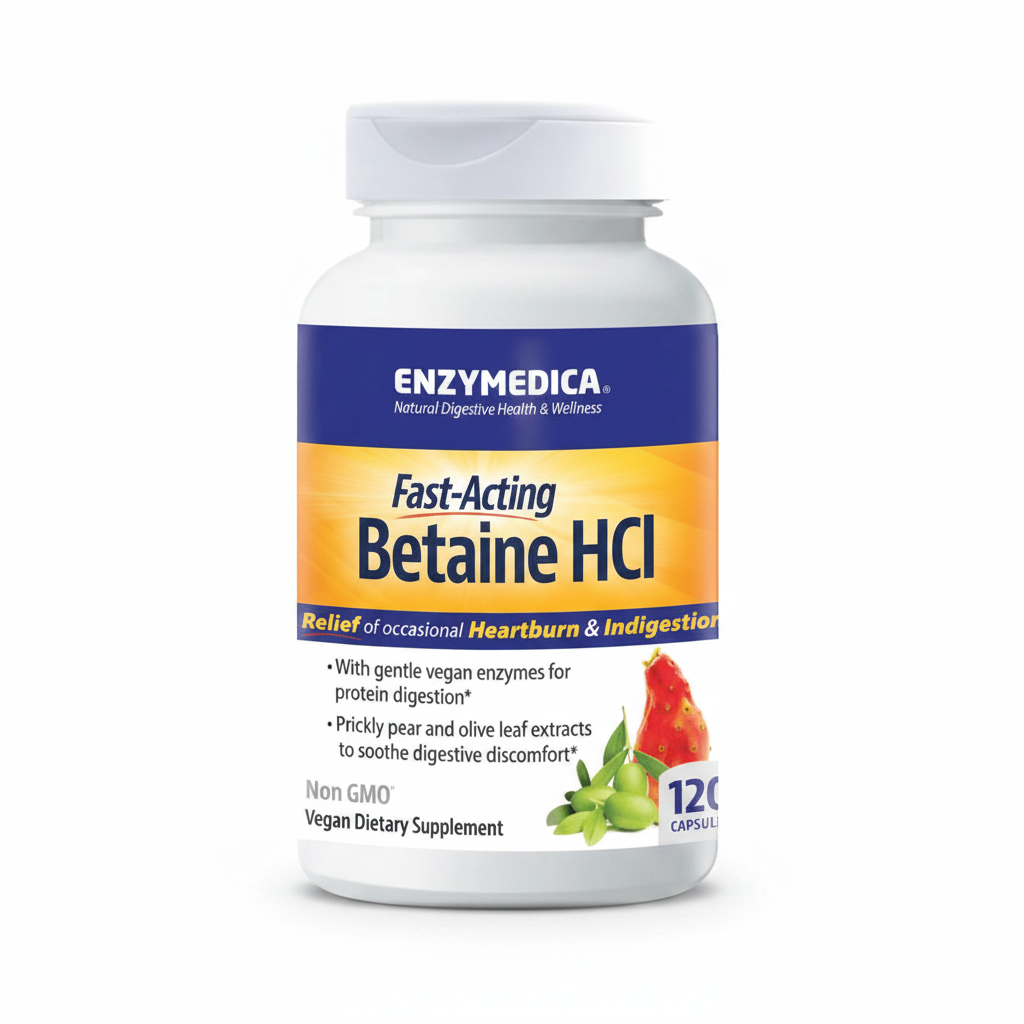 A white bottle of Enzymedica Fast-Acting Betaine HCl dietary supplement, featuring a blue and orange label with product details and a white cap, set against a plain white background.