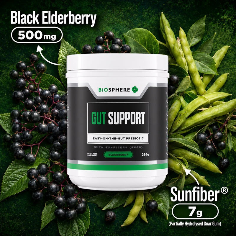 Biosphere Gut Support tub among elderberries and guar pods, labelled black elderberry 500mg and Sunfiber 7g per serve