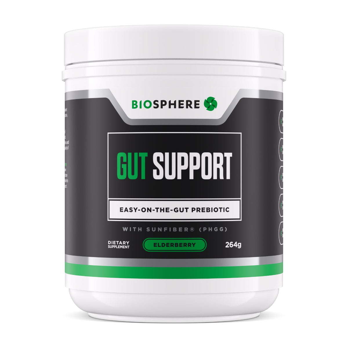 Biosphere Nutrition Gut Support prebiotic powder, 264g white and grey tub with elderberry flavour band, front of pack