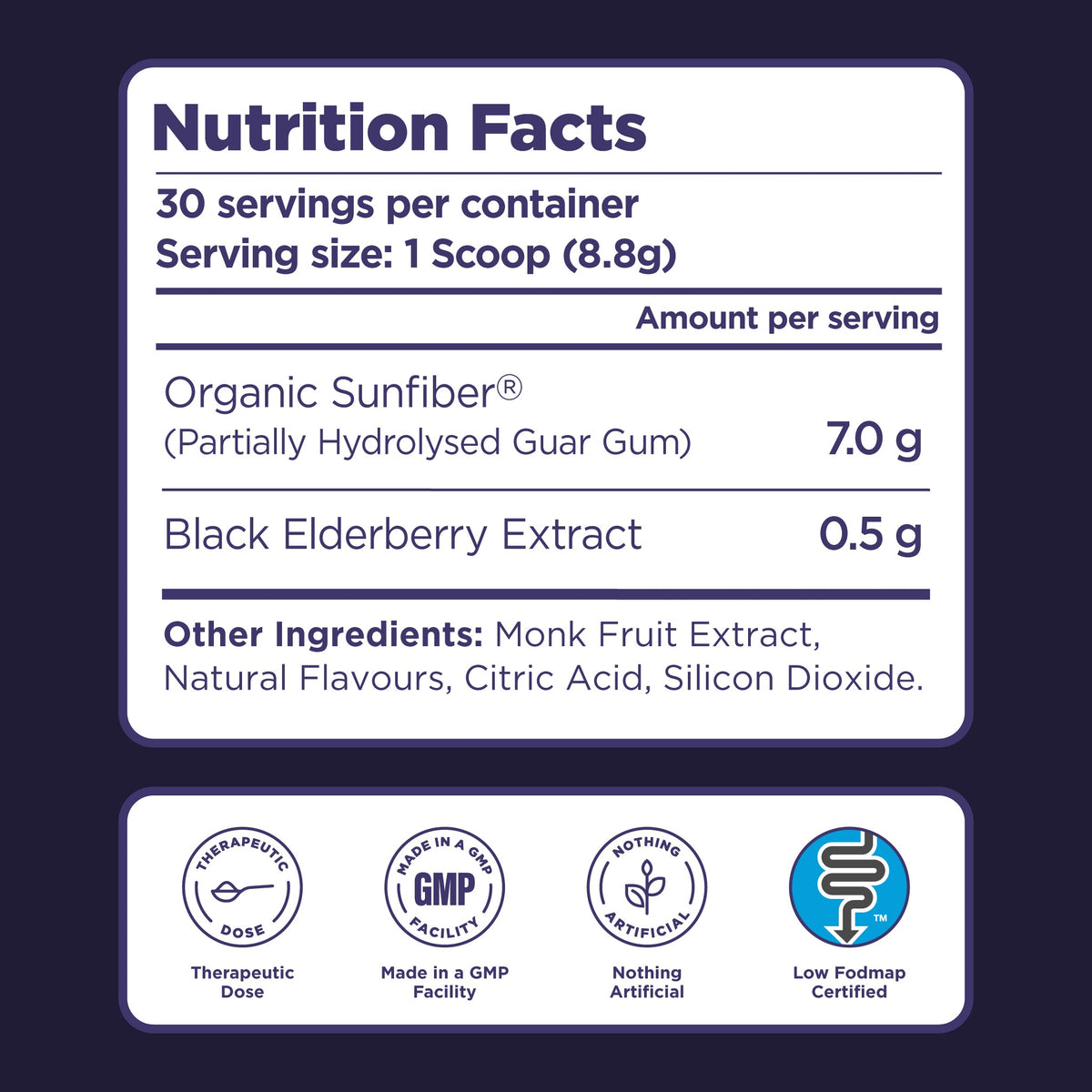 Biosphere Gut Support nutrition facts panel: 30 servings, 8.8g scoop, Sunfiber 7g, black elderberry extract 0.5g, with low FODMAP and GMP icons
