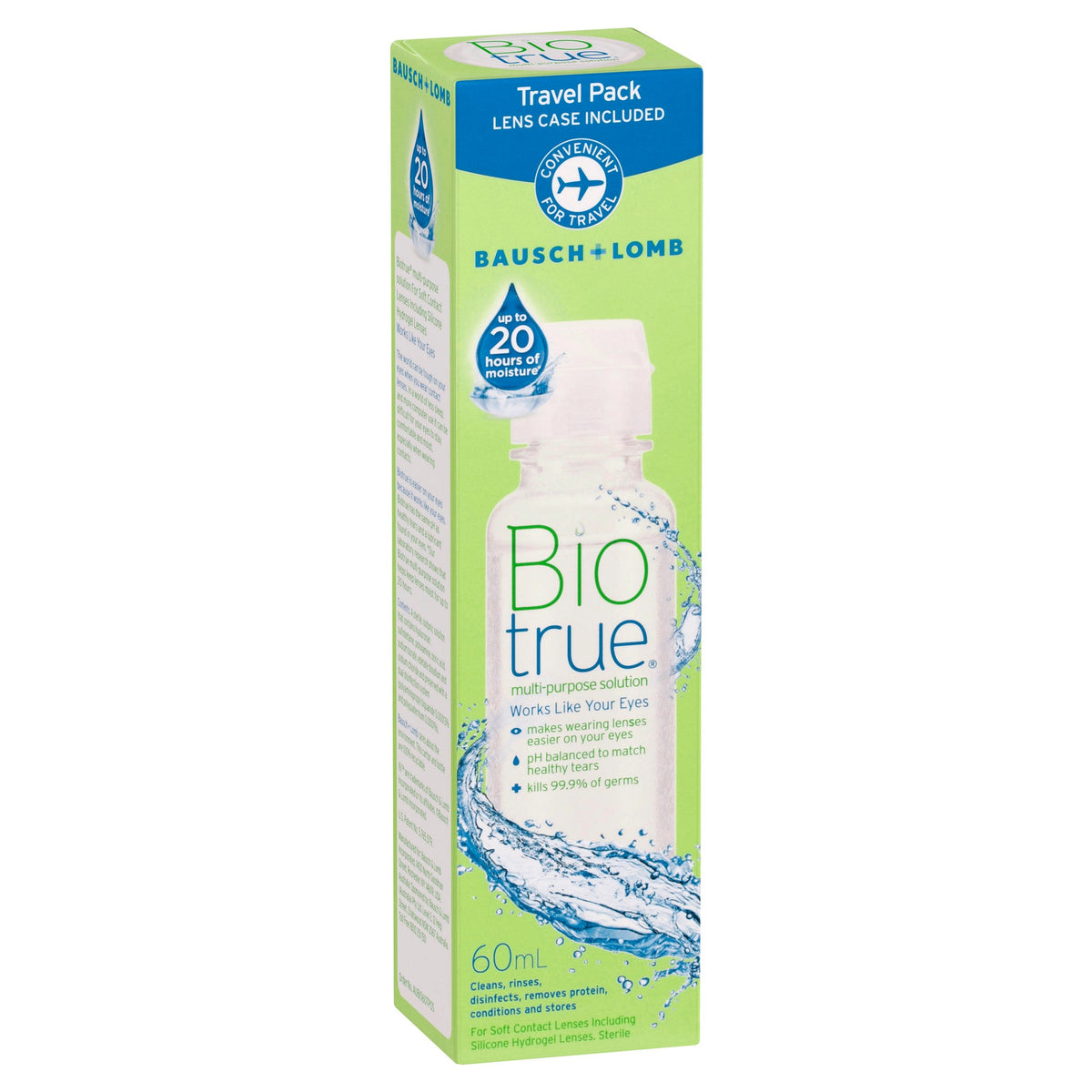 Biotrue Multi-Purpose Solution 60ml travel pack carton shown at an angle