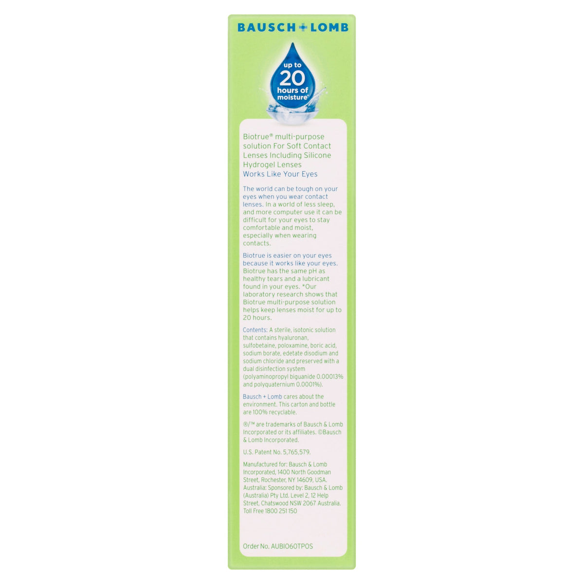 Back panel of the Biotrue travel pack carton describing the solution