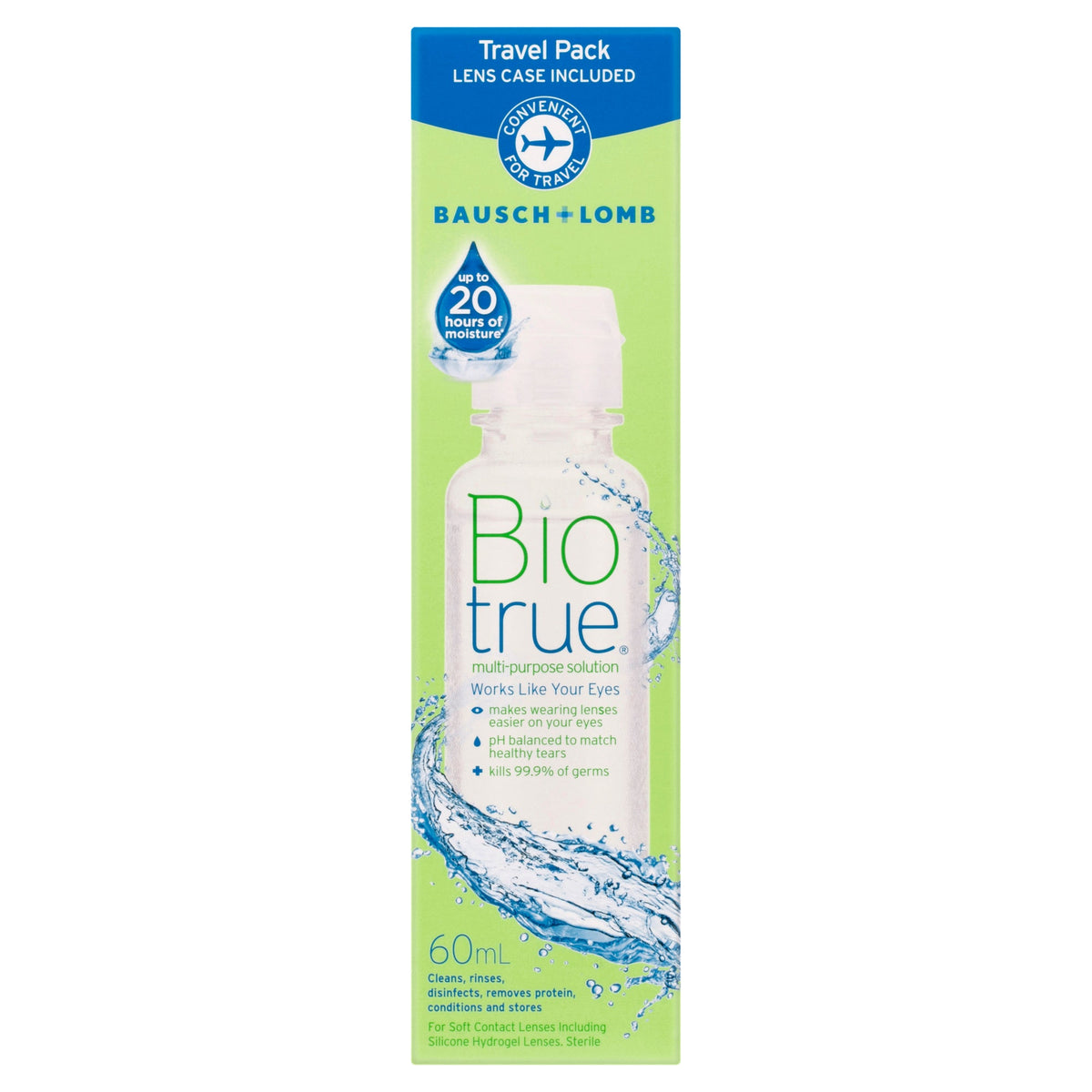 Front of the Biotrue Multi-Purpose Solution 60ml travel pack carton, lens case included