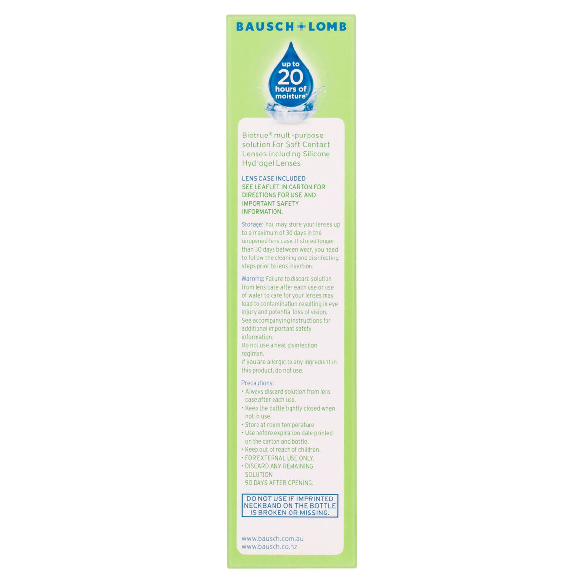 Side panel of the Biotrue travel pack carton with directions and precautions