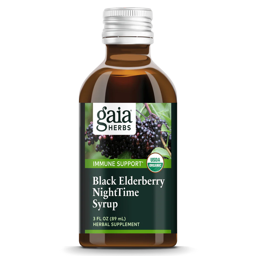 Gaia Herbs Black Elderberry NightTime Syrup, front of pack