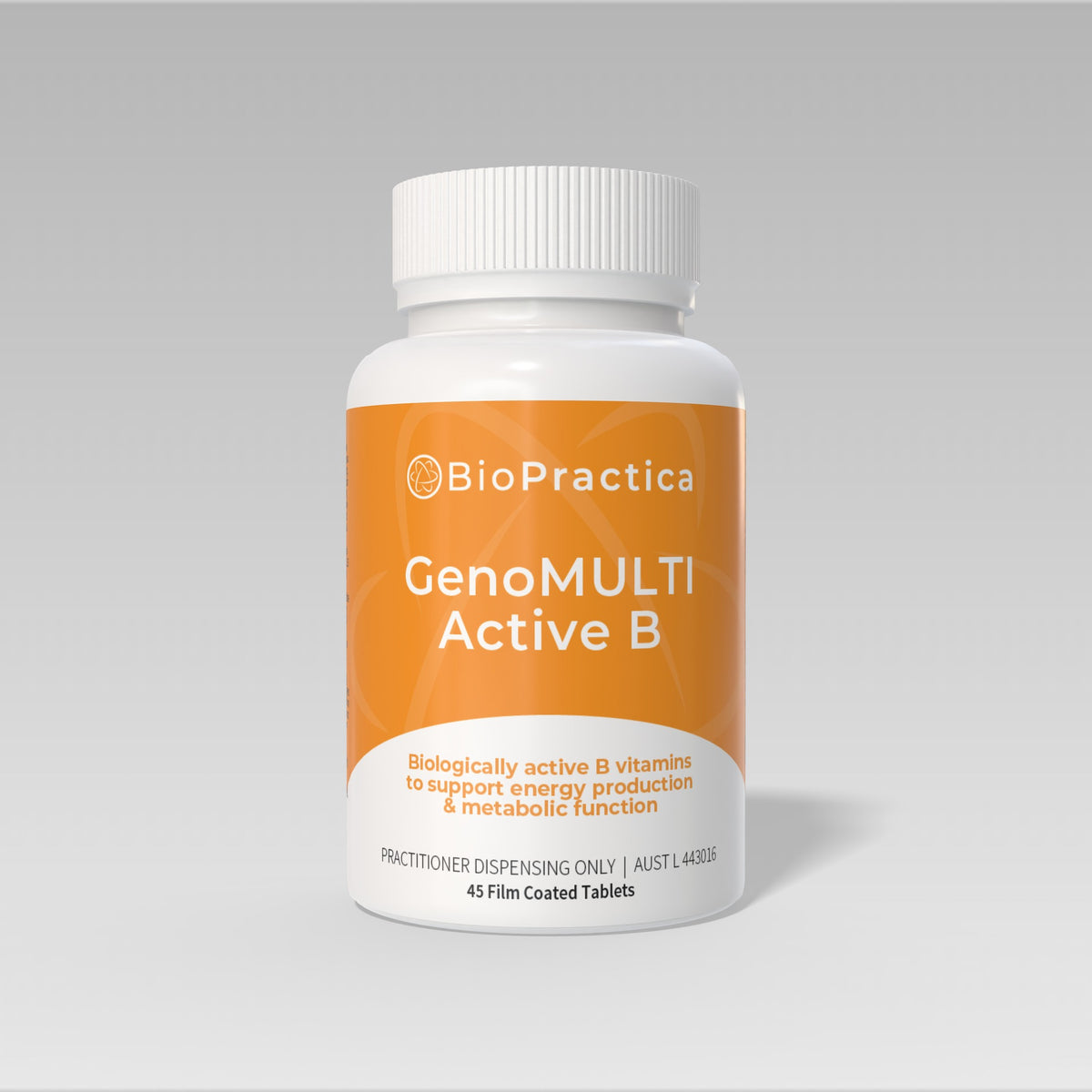 BioPractica GenoMULTI Active B, white bottle with orange label, 45 film coated tablets, front of pack