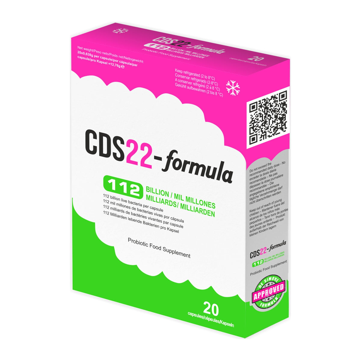 CDS22-formula 112 Billion probiotic 20 capsule carton at an angle with the De Simone Formula approved mark