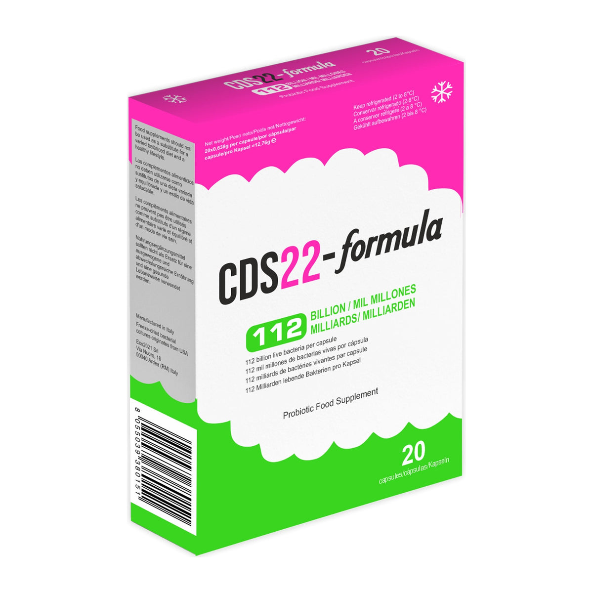 Back of the CDS22-formula 112 Billion probiotic carton showing the refrigeration instruction and capsule count