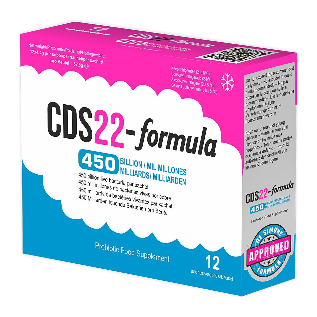 CDS22-formula 450 Billion probiotic 12 sachet carton at an angle with the De Simone Formula approved mark