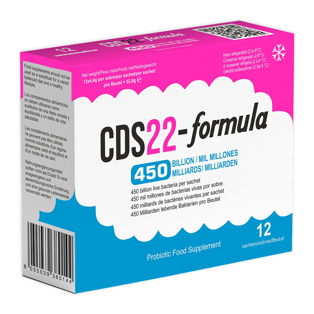 Back of the CDS22-formula 450 Billion probiotic carton showing the refrigeration instruction and 12 x 4.4 g sachet weight